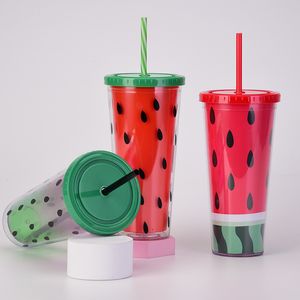 24oz watermeloen tuimelaar met deksel en stro kunststof dubbele wand spill-proof bureau sap drank water cup