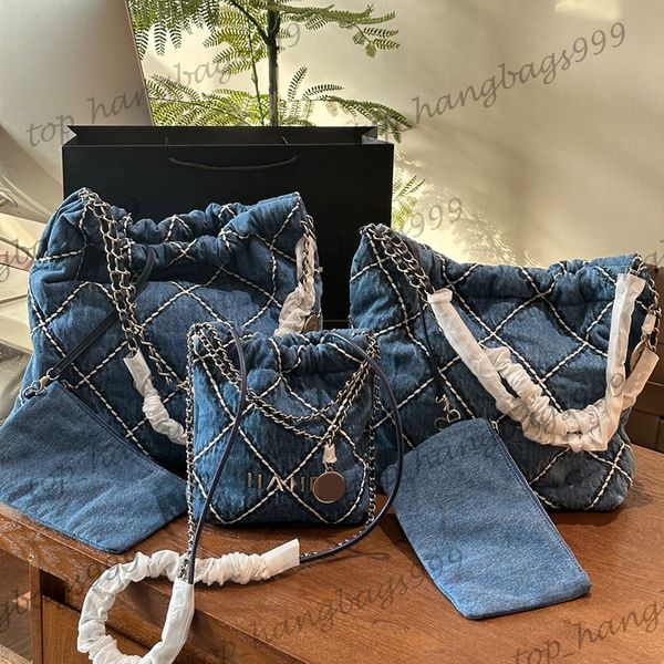 24p Womens Quilted Blue Denim 22 Shopper Sacs Sacs Silver Coin Sangle Round Sac à main