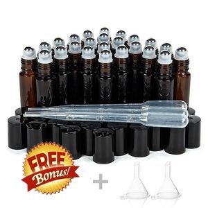 24pcs 10ml Rollo de vidrio ámbar en botella Viales vacíos con bola de rodillo de metal de acero inoxidable para aceites esenciales Perfume Aromaterapia 220711