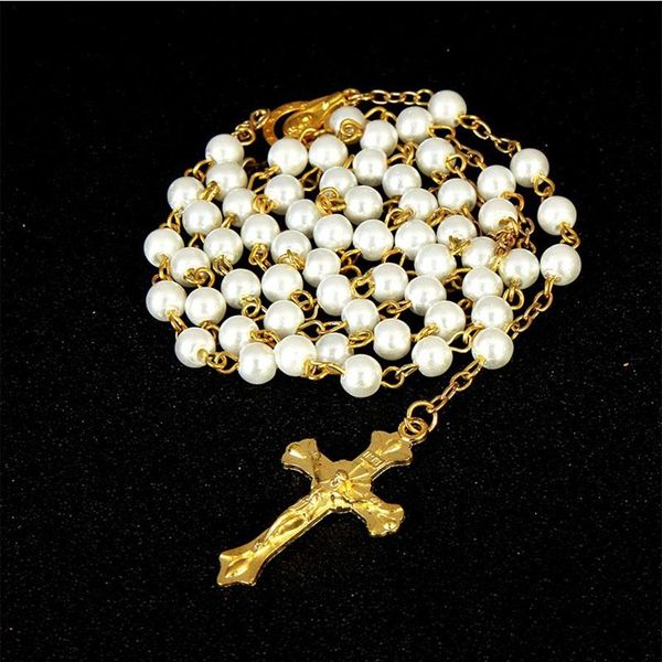 24 pièces 6mm catholique or blanc chaîne de perles chapelet collier bébé Communion baptême Religion3169