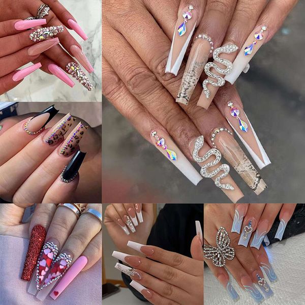 24pcs Artifical Faux Nails Long Cercin Ballerine Français Fals False Tips Finis Rhinstones Flower Design Press on Nail