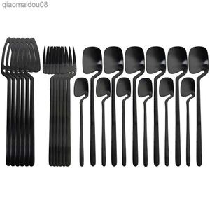 24 pcs Noir Couverts Ensemble Cuillère Fourchette Couteau Vaisselle Ensemble Cuisine Décor Vaisselle Ensembles Crème Glacée Desserts Soupe Café Utilisation L230704