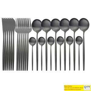 24 pièces noir service de vaisselle 304 acier inoxydable couteau fourchette cuillère argenterie mat couverts ensemble cuisine couverts vaisselle