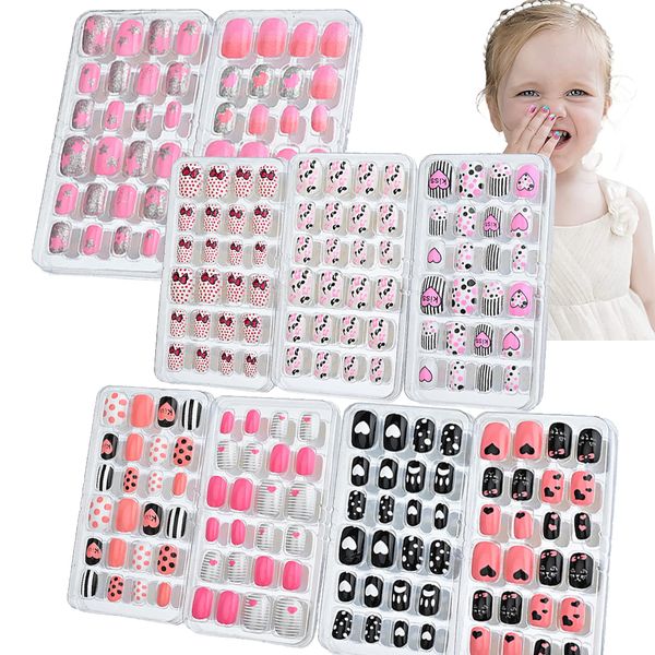 24 piezas/caja niños Cainas falsas CONSEJAS Falsas Corazón corto Pose negro cubierta completa Lindas uñas para niñas presentes presentes