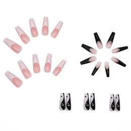 24 -stcs/doos lange kist valse nagels met witte zwarte Taichi Design Ballerina nep nagelpatches Druk op nagels manicure nagel tips voor lange kist valse nagelpatches