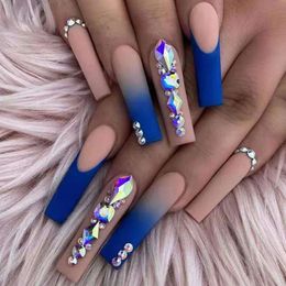 24Pcs/Box Matte Ballerina False Nail Tips Press On Nails Dark Blue Coffin Fake Nail with Rhinestone Design Full Cover Nail Patch