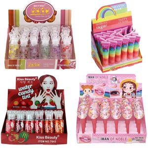 24 unids/caja brillo húmedo labio de gelatina de cristal Kawaii brillo de labios líquido lápiz labial cuidado de labios Base de maquillaje hidratante al por mayor