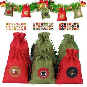24PCS Calendrier de Noël Sac en lin de coton Calendrier de l'Avent Tissu Sac de bonbons Sac cadeau de Noël Kit de calendrier de Noël 12 types 211104