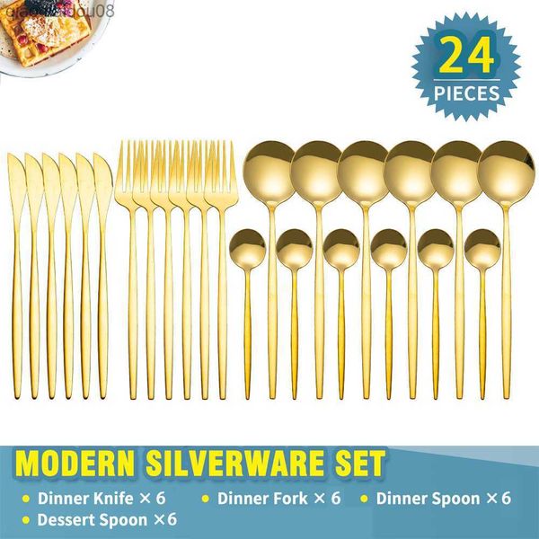 24pcs ensemble de vaisselle colorée ensemble de couverts en acier inoxydable cuisine miroir or vaisselle couteau fourchette cuillère lave-vaisselle L230704