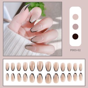 24 stks Afneembare Franse Valse nagels met Black Line Ballet Full Cover Nail Art Tips Druk op nep vingernagels