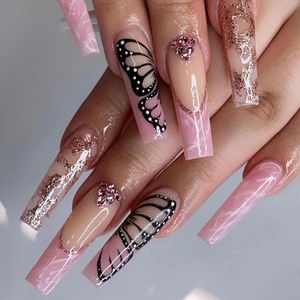 24 stks Afneembare Roze Lange Doodskist Druk op Nagel Volledige Dekking Kunstnagels Wearable Strass Gradiant Ballerina Ontwerp Nep nagels