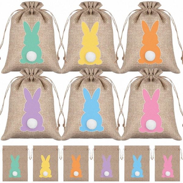 24pcs Pâques Bunny Burlap Bags Candy Sacs avec cordon de lapin de lapin sacs de rangement de Pâques Favors Decorati Gift Packaging Sac W8NX #