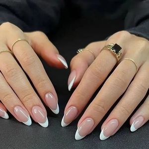 24 -stcs Franse valse nagels amandel nep met lijmpers op wit rand ontwerp draagbaar eenvoudige ins roze stiletto nagel tips 240430
