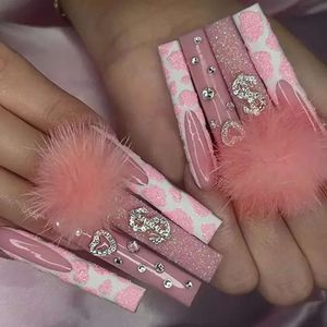 24 -stcs Volledige cover False Red Rhinestone Planet Long Ballerina Coffin Nagel Tips Afneembare neppers op Nagels Manicure