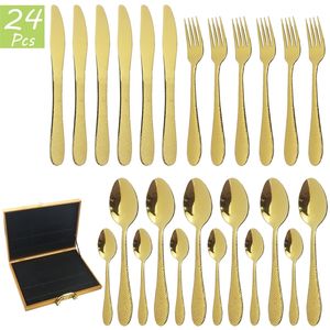 24pcs Gold Cubiertos Cuchillos Tenedor Cuchara de té Cena Vajilla Máquinas de Acero Inoxidable Cocina Cocina Cubiertos Silaterra Set 210317