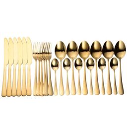 24 stks gouden bestek sets 24 stuk en vorken messen lepels spiegel roestvrijstalen westerse servies lepel 210928