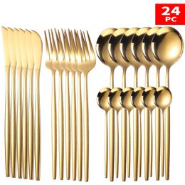 24 stks gouden servies spiegel bestek set servies 304 roestvrij staal western zilverwerk keuken mes lepel vork diner sets ST1129