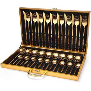 24pcs Gold Dinnerware Set Vaisselle en acier inoxydable Set Couteau Fourchette Cuillère Couverts de luxe Coffret cadeau Couverts Lave-vaisselle Coffre-fort 210706