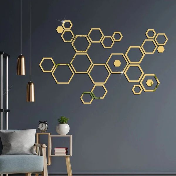 24 pièces creux 3D Hexagonal miroir autocollant mural bricolage nid d'abeille décoration papier auto-adhésif étanche maison salon chambre 240329
