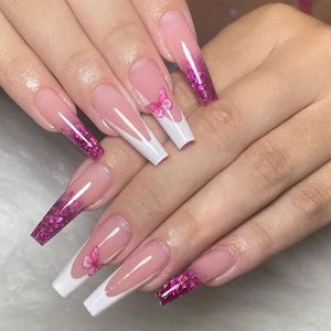 24 stks Lange Ballet Kunstnagels Roze Vlinder Druk op Volledige Dekking Waterdichte Herbruikbare Nep Nagel met Accessoires 240305