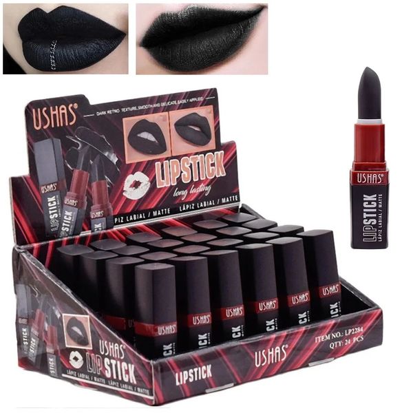 24 unids/lote lápiz labial mate de Color negro Halloween Cosplay pigmento labial maquillaje impermeable de larga duración lápiz labial de terciopelo cosmético 240305