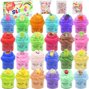 24pcs / lot 30ml Fruit Slime Coton Boue Jouets Beurre Slime Clay Charms DIY Kit Doux Extensible Non Collant Main Soulagement Du Stress Fidget Jouet Enfants Cadeaux 2486