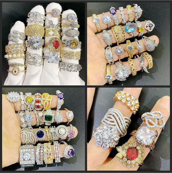 24pcs Lot Mix Designs Gemstone Ring Exagéré Micro Pave Zircon Cristal 18K Réel Plaqué Or Anneaux Grossiste