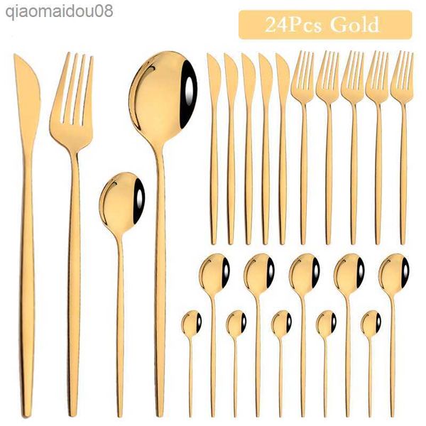24Pcs Luxury Mirror Gold Dinnerware Set di posate Set di stoviglie in acciaio inossidabile Home Bistecca Coltello Forchetta Cucchiaio Posate Argenteria L230704