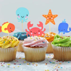 24pcs Ocean Animal Cupcake Toppers Under the Sea Party Cake Flags Boy Baby Shower Sirène Sirène Birdud Birthd