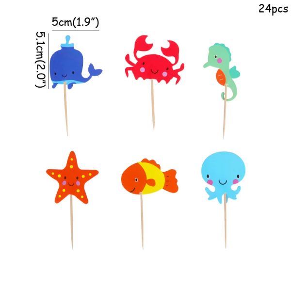 24 piezas Ocean Sea Animal Cake Toppers Seahorse Starfish Fish Cake Banderas debajo de la sirena del mar Tema de cumpleaños Decoración de pasteles