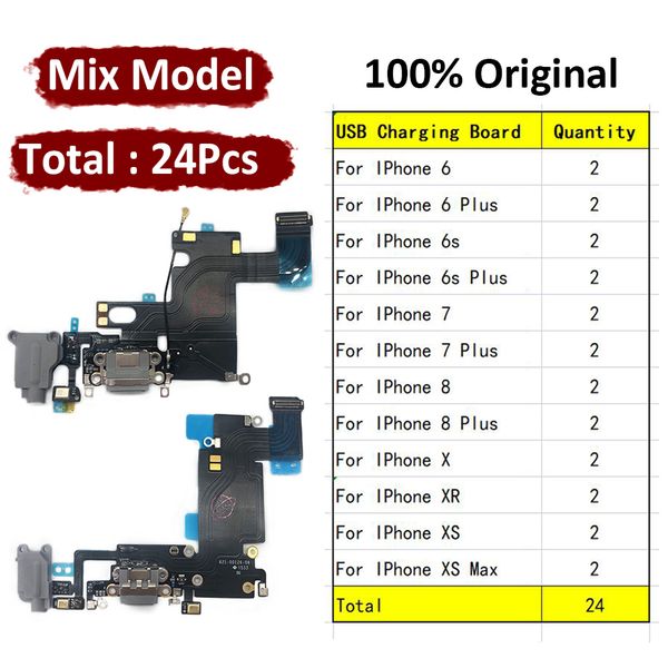 24pcs Original pour iPhone 6 6s 7 8 Plus x xr xs max USB Charging Port Board Flex Cable Connecteur Connecteur Microphone Module noir