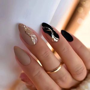 24 -stcs roze amandel valse nagels glanzende gouden rimpelingen stiletto nep afneembare ovale volledige deksels op tips manicure 240430