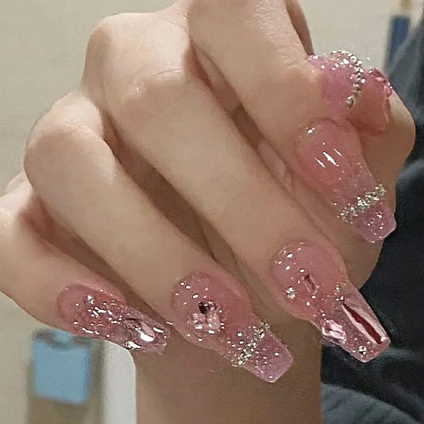24 piezas Pink Ballet uñas falsas puntas de uñas de cubierta completa