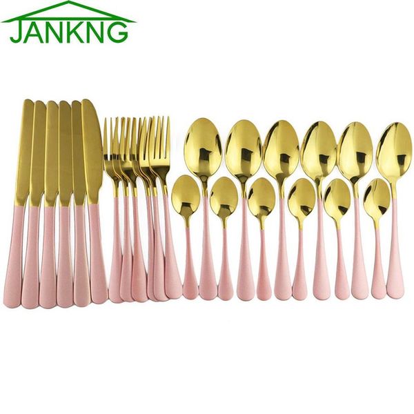 24pcs Pink Gold Dingeware Mirror Cutlery Set Kitchen Lnife Spoon Dinner Fork Set 304 ACIER INOXDUX ACIER VAYANCE ARGETWALY PLADE274I