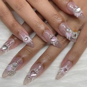 24 -stcs roze ronde kop amandel nep nagels met hartvorm draagbare ballerina valse nagel tips volledige deksels op 240423