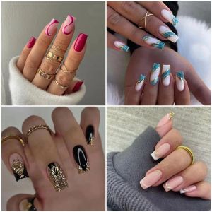 24 stks Druk Op Nagels Korte Medium Vierkante Nep Nagels Volledige Dekking Stok op Franse Kunstnagels voor Vrouwen Meisjes LL