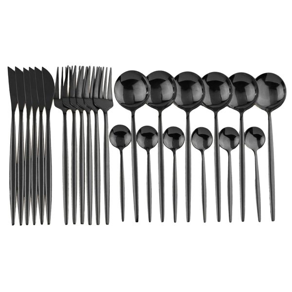 24pcs pur or noir vaisselle ensemble de mariage couverts 18/10 en acier inoxydable dîner couteau fourchette cuillères argenterie en gros 211229