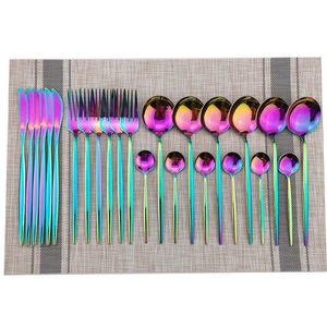 24pcs Rainbow Servies Sets 18/10 Roestvrijstalen bestek Handvat Goud Mes Vork Lepel Servies Party Silverware 211229