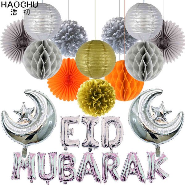 24 UNIDS Ramadan Kareem Festival Decoración Eid Mubarak Foil Globos Luna Estrellas Fiesta Papel de seda Linterna Ventilador Flores Oro Plata 210408