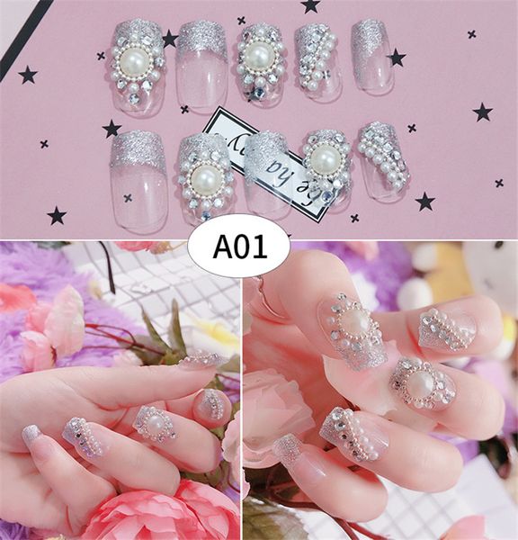 24 pièces/ensemble 3D faux ongles mariée scintillant français acrylique ongles dames faux ongles artificiel Nail Art moyen-long complet ongles conseils