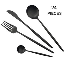24Pcs/set Black Matte Cutlery 304 Stainless Steel Dinnerware Knife Fork Spoon Dinner Kitchen Flatware Tableware Set 201130