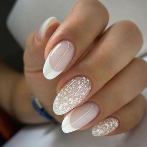 24 pièces/ensemble ongles français couverture complète presse sur ongles Art amande portable bricolage court Simple ongle avec motif de paillettes côté blanc Design