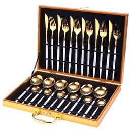 24pcs / set couverts d'or argenterie ensemble couteau à steak fourchette cuillère à café cuillère à café noble fête de mariage voyage maison luxe couverts ensemble 201116