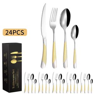 24 unids/set de cubiertos de acero inoxidable, cuchillo para carne, tenedor, cuchara, restaurante, vajilla de Hotel, herramienta de cucharas de diamante estrella