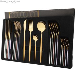 24Pcs/Set Stainless Steel Dinnerware Set Mix Gold Cutlery Set Dinner Knife Fork Coffee Spoon Tableware Kitchen Silverware Sets Q230829