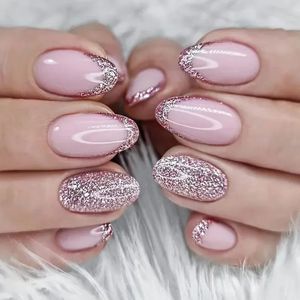 24 -stks korte ronde kop valse nagels glitter roze amandel nep Franse volledige deksel pers op draagbare nagel tips manicure 240419