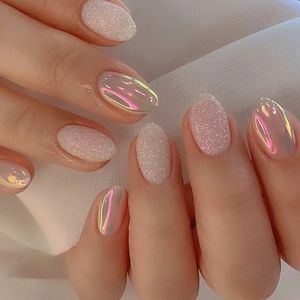 24 -stks eenvoudige valse nagels met lijm korte amandel nep glitter aurora ronde kop vol cover nagel tips ovale pers op 240430