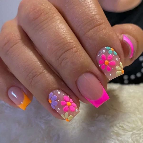 24 piezas simples cuadros simples falsos cortos uñas falsas francesas presionados en coloridos flores diseño de cubierta completa punta de uñas herramientas de manicura