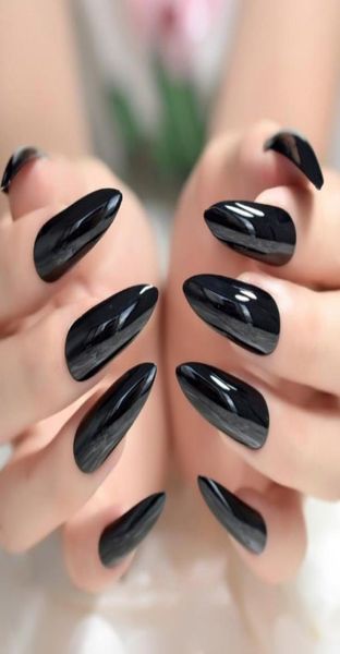 24pcs tréto tonnes uv manucure gel facile appliquer des ongles artificiels talons aiguilles faux clous noirs extra longs faux ongles salon3045271