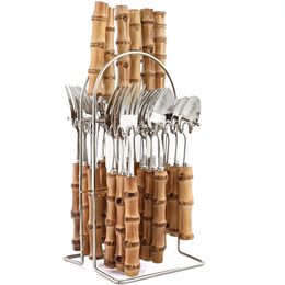 Ensembles de vaisselle 24pcs Handle Bamboo Handle Cutlery en acier inoxydable Set Creative Dingewread Knife Fork Spoon Mirror Mirror Sléware 240506